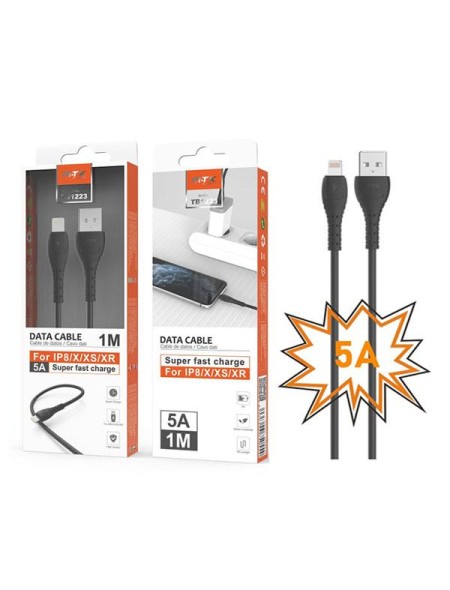 Cable datos USB 2.0 a Lightning iPhone X /12/13/14 / 1m / 5a / Carga rapida / Tb1223 / Negro / Mtk