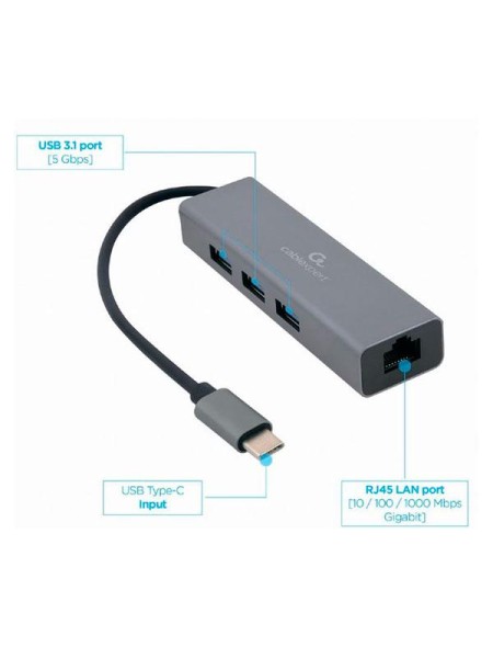 Hub Type-C a 3xUSB 3.0 / 1x RJ45 Gigabit / 17 cm / A-CMU3-LAN-01