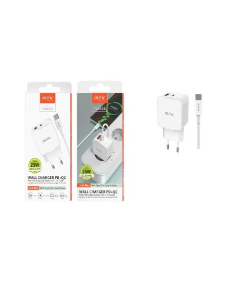 Cargador de red Usb + Type-C + Cable Type-C / 25W / Blanco / TA0333 / MTK