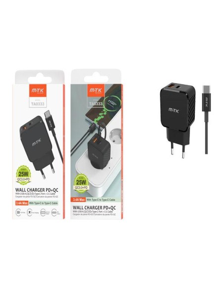 Cargador de red Usb + Type-C + Cable Type-C / 25W / Negro / TA0333 / MTK