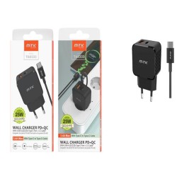 Cargador de red Usb + Type-C + Cable Type-C / 25W / Negro / TA0333 / MTK