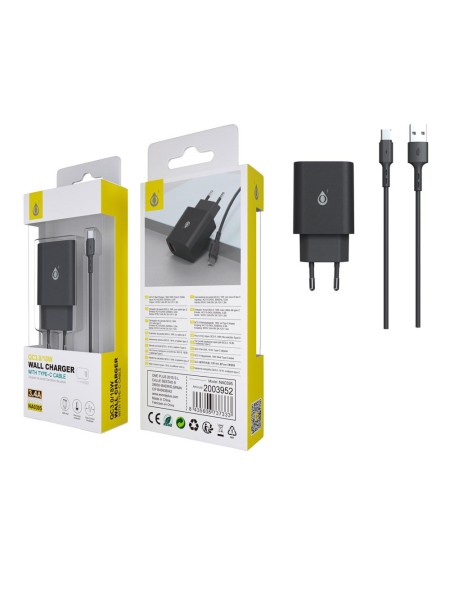 Cargador rápido de red Berta Usb + Cable Type-C / 18W / 3.4 A / Negro / NA0395 / One+