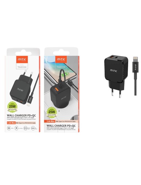 Cargador de red Usb + Type-C + Cable Type-C a Lightning Iphone 8-14 / 25W / Negro / TA0334 / MTK